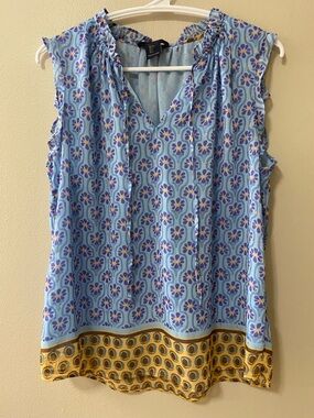 Rachel Roy floral blouse size small sleeveless shirt top feminine boho blue